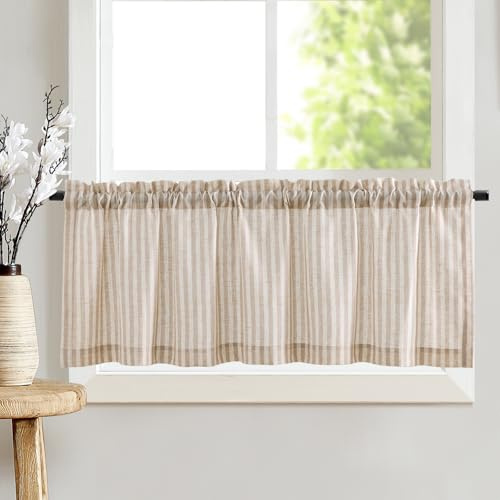 TOPICK 1 styck H 40 x B 125 (cm) fönstergardin brun, randiga, linnegardiner med ränder, köksgardin, halvgenomskinligt, kort, köksgardiner för kök, matsal, litet fönster, brun på beige