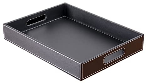GLigeT Bandejas de Servir Bandeja de Almacenamiento de Escritorio Rectangular, Bandeja de Juego de té de Cuero PU, Bandeja Negra Simple y Moderna con asa Bandeja(Medio)