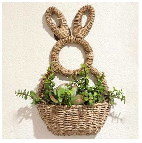 Panier de lapin à suspendre au mur - Décoration printanière - En osier - Tissé à la main - Couronne de printemps pour porte d'entrée