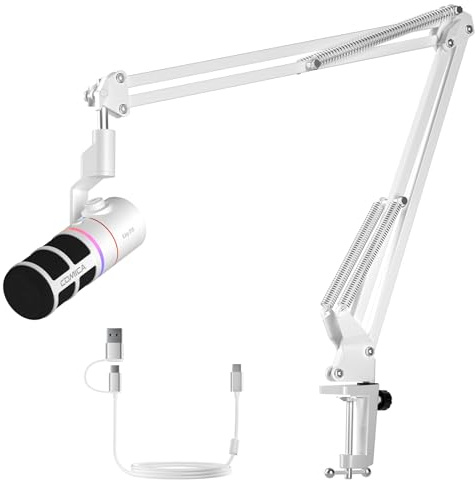 COMICA EJoy D10(A) USB Gaming Microphone – Boom Arm Mic with Noise Cancellation, XLR/USB-C, Real-Time Monitoring, Muting, RGB Professional Studio Mic for Gaming, Streaming, Podcast, Recording (White)