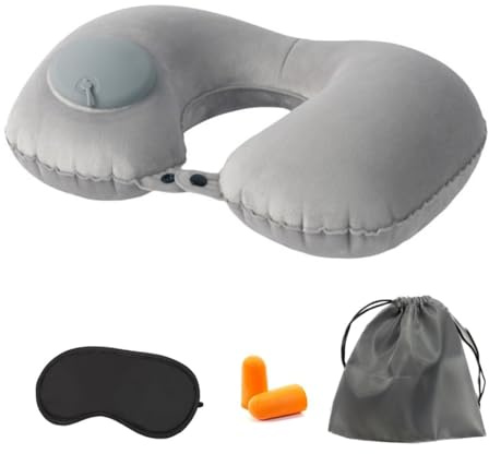 KEQAR Kompaktes Nackenkissen Aufblasbar mit Schlafmaske und Ohrstöpseln, Leichtes Nackenhörnchen Erwachsene für Flugzeug, Zug, Büro, Reisekissen Flugzeug (Grau)