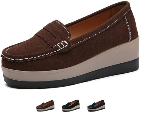 ZPLMIDE Mocasines ortopédicos de plataforma para mujer, mocasines de cuña de gamuza gruesos sin cordones, zapatos náuticos de plataforma gruesa, mocasines de negocios, trabajo, caminar, Brown, 0 UK