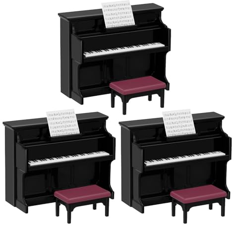 Gatuida Lot de 3 Mini Pianos avec Banc : Instrument de Musique Miniature réaliste pour Maison de poupée – Modèle de Piano Miniature pour décoration de Maison de poupée, Accessoires de scène de