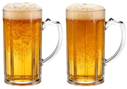 Komost 17oz Reusable Plastic Beer Mugs with Handle Set of 2, Clear Beer Stein Drinking Cups for Party Bar Home Hotel, Perfect for Whiskey Juice Cocktail Beverages