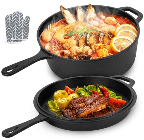 Vyranut Cocotte in Ghisa 2 in 1 con Coperchio Padella – Set Pentola + Padella Ø26cm (4,5L + 1,5L) – Compatibile con Forno e Induzione – Cottura Uniforme e Antiaderente Naturale