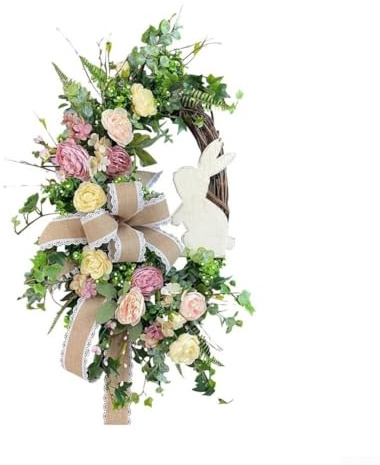 Ghirlanda di coniglietti pasquali, 40 cm, in plastica verde, da appendere alla porta, decorazione floreale per finestra, parete, casa, festa, ghirlanda primaverile
