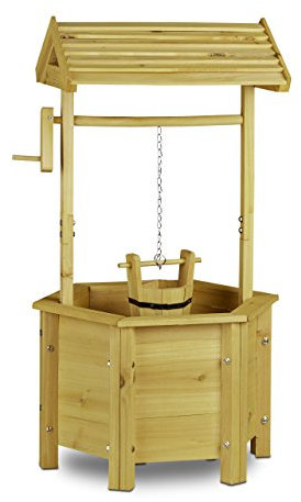 Relaxdays Pozo Decorativo Jardín con Cubo de Agua, Decoración Exterior, Madera y Metal, 1 Ud., 82 x 47 x 41 cm, Marrón