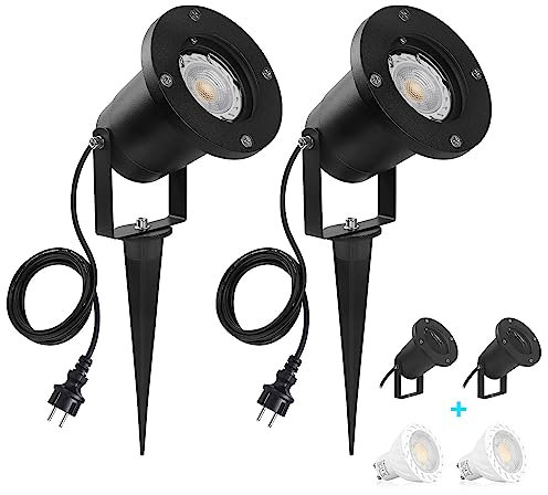 SanGlory 2er Set Gartenleuchte mit Erdspieß,7W GU10 LED Gartenstrahler mit Stecker,IP65 Wasserdicht Gartenbeleuchtung mit 2m Kabel,Warmweiß Außen-Strahler Gartenlampe Außenlampe für Baum,Teich,Garten