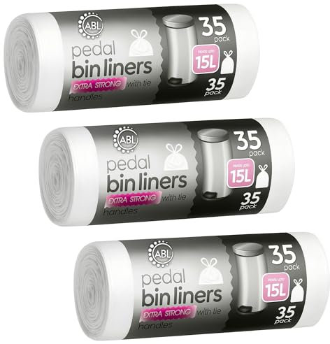 Extra Strong Pedal Bin Liners 15L Plastic Bags | Bin Liners with Tie Handles Pack of 105 count 3 x 35 pack | Plastic Bin Bags 64x92 cm