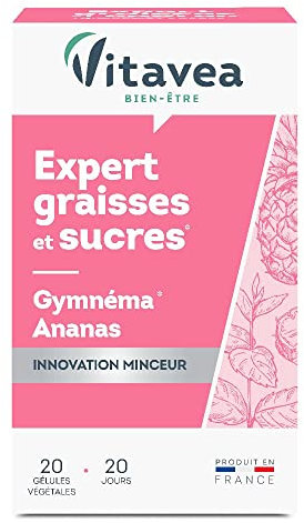 VITAVEA BIEN-ETRE - Expert Graisses et Sucres - Complément Alimentaire Capteur Graisses et Sucres - Minceur, Perte de Poids - Gymnéma et Ananas - 20 gélules - Cure de 20 jours - Fabriqué en France