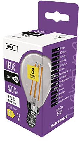 EMOS LED Lampe Edison Mini Globe, 3,4W Ersatz für 40W Glühbirne, klare Vintage-Glühlampe mit E14 Sockel, Helligkeit 470 lm, Neutralweiß 4000 K, 25000 h Lebensdauer, CRI min. 80, 320° Abstrahlwinkel