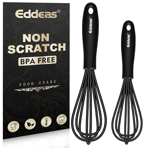 Eddeas Silicone Mini Whisk, Small whisks Non-Stick Tiny Whisks set of 2（5.5in & 7.5in）-Heat Resistant (450°F) Whisks, Balloon Egg Beater Perfect for Whisking, Beating, Mixing, Blending, Black