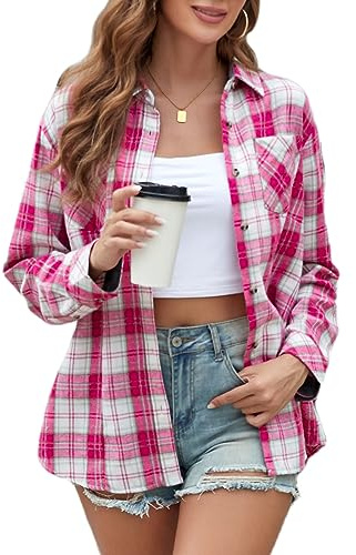 Deer Lady Plaid Flannel Shirts for Women Buffalo Plaid Shirts Oversized Long Sleeve Casual Button Down Blouse Top Bright Pink White L 0802