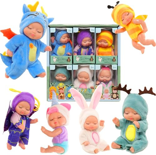Festfun 6 Pcs Mini Poupée Bébé Silicone Jouet Figurines Petite Poupée Réaliste de 3.5 Pouces avec des Vêtement d'animaux Poupon Bébé Maniature Ornement Amusant Cadeau pour Les Enfants