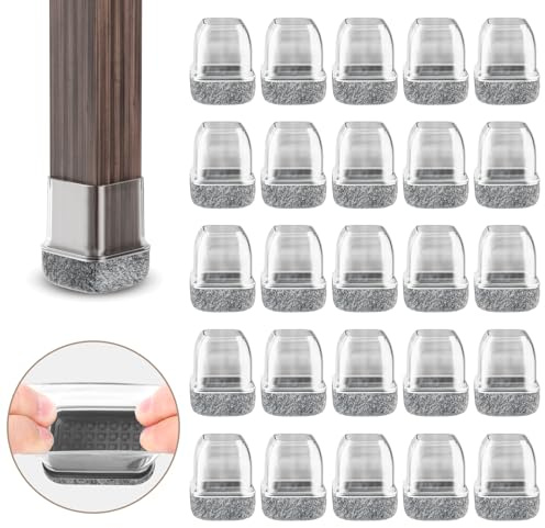 RCHYFEED 15–18 mm stolsbenskydd med filtstoppning transparent silikon, 24 st. elastiska skyddskåpor för stolsben, fyrkantig, gummi, tystgående och reptålig, stolsbenskydd med filt filtglid