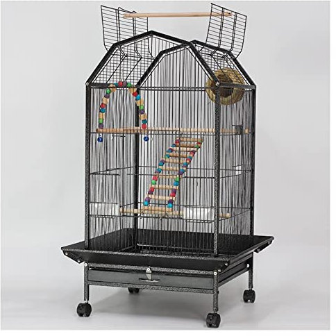 Jaula de lujo para loros con soporte rodante, jaula portátil para periquitos y loro gris africano, incluye alimentador, accesorios de juguete, jaula grande de 39.9 pulgadas (negro)