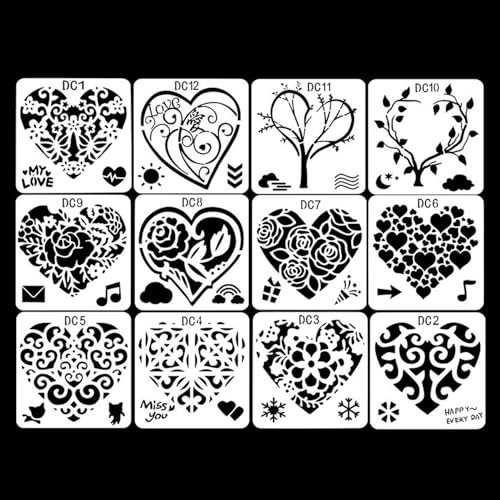 QZKJQDD 12 Stück Herzform Schablonen, Malschablonen, Schablonen Kinder, Schablonen Textilgestaltung, Schablonen Malen, Airbrush Schablonen, Wiederverwendbare Herz-Malvorlage (13cm x 13cm)