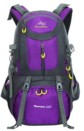 PORRASSO 50L Mochila de Senderismo Mochila Impermeable Mochila Hiking Backpack para Hombre Mujer Acampar Hacer Ciclismo Escalada Deportes Aire Libre Púrpura