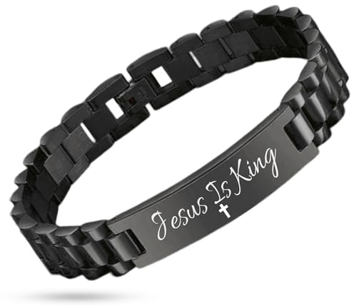 Product Maxx Black Matte Stainless Steel Cuban Link Bracelet – Adjustable “Jesus is King” Engraved ID Bracelet, 1/2 Inch Wide, Includes Mini Tool