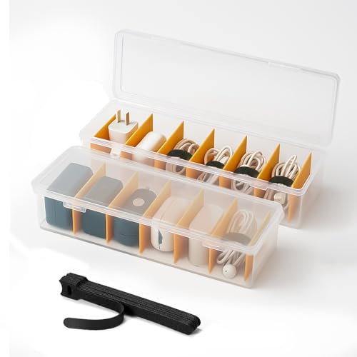 KNJOMZIE 2 Pièces Boîte Rangement Câble avec 16 Attaches, Boîte Câble Transparente avec 7 Séparateurs – Organisateur de Câble pour Bureau, Maison, Boîte à Câble pour Chargeurs et Accessoires