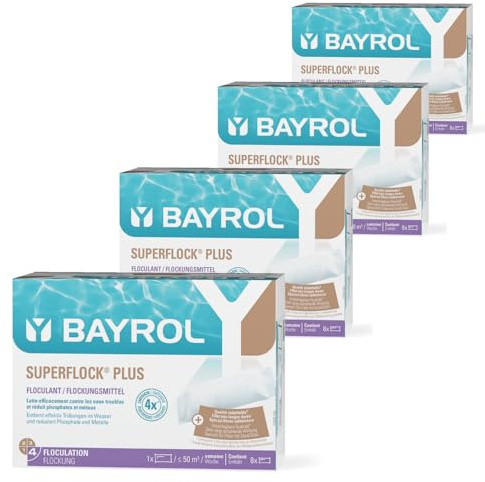 BAYROL Superflock Plus 4 x 1 kg – Floculant piscine pour filtre à sable/verre filtrant – Cartouche de floculation piscine – Rend l'eau claire comme du cristal