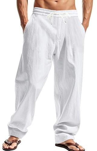 TAFLE Mens Linen Pants Casual Summer Beach Pants Elastic Waist Drawstring Lightweight Vacation Trousers with Pockets White