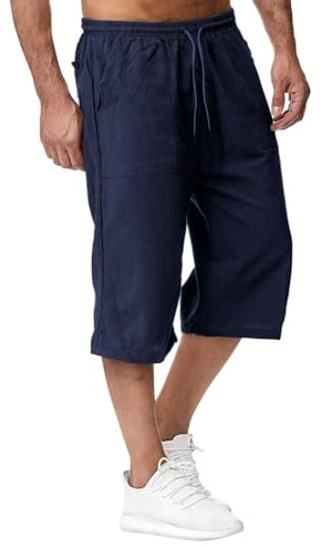 Bastwahl Jean Cargo Homme, 2025 Short Lin et Bermuda Homme 3/4 Long D'Été Pantacourt Coton, pour La Plage, Le Yoga, Le Jogging, Pantalon Taille Elastique Décontracté Bleu 4XL