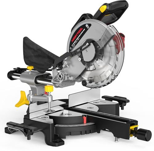 Marvtool 10-inch Sliding Compound Miter Saw, 5000RPM, 15 Amp, Single Bevel 0-45° with Extension Table, 36T Blade, Power Saw for Metal, Plastic, Wood, Laminates