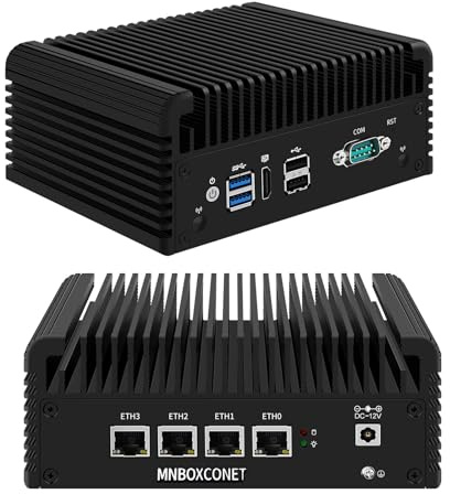 MNBOXCONET Firewall Hardware Industrie Mini PC Fanless J4125, Micro PC Application Router Embedded Computer, Barebone 16GB RAM 128GB SSD, 4 x i211 LAN, RS232 Com, Auto Power On