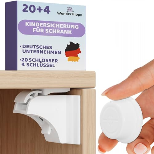 WunderHippo Magnetische Kindersicherung 20 Schlösser + 4 Schlüssel – Unsichtbarer Magnetverschluss – Schranksicherung & Schubladensicherung ohne Bohren – Weiß