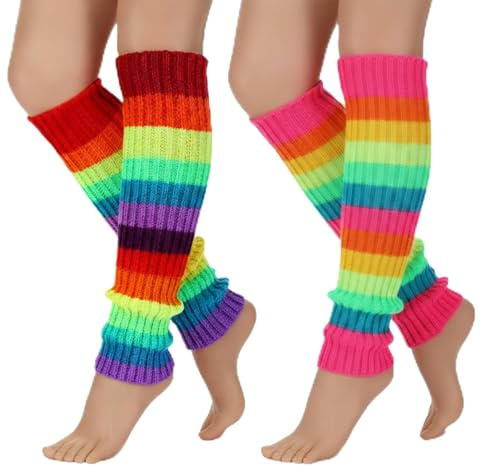 CIATBYYJ 2 Pairs Leg Warmers for Women, 80s Neon Colors Ribbed Knit Leg Warmer, 80s Neon Rainbow Party Legs Warmers for Fall Winter Matching, Dance, Sports, Yoga, Party