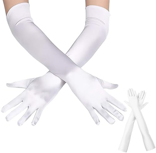 1 Paar Weiße Handschuhe Lang,Handschuhe Elegant Damen,Satin Classic Abendhandschuhe,1920er White Gloves,Elastic Seidenhandschuhe für Halloweenkarneval Party Opera Hochzeiten Maskerade Cosplay Kostüm