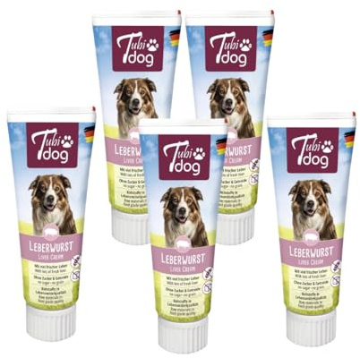 Tubi dog Delikatess - Salsiccia al fegato, confezione da 5 pezzi, 5 x 75 g, mangime complementare per cani, senza zucchero