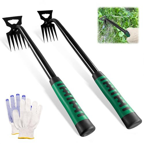 Klerbesh Set 2 Pezzi Estirpatore 5 e 6 Denti, Attrezzo da Giardino in Acciaio Inox, Strumento Manuale per Rimozione Erbacce con Guanti Protettivi, Utensile per Prato (2 PCS)