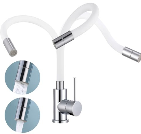 Fandipitous Rubinetto per cucina/bagno, flessibile, ad alta pressione, da cucina, con 2 tipi di getto, in acciaio inox bianco, girevole a 360°, miscelatore da cucina con aeratore a risparmio d'acqua