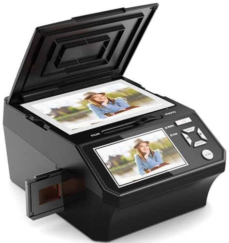 Escáner de películas y fotos con pantalla LCD de 5 pulgadas, convierte fotos, negativos y diapositivas de película 135/110, tarjeta de visita a fotos digitales de 22 MP, tarjeta SD de 8 GB incluida
