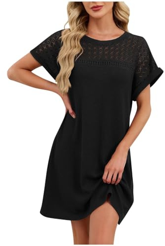 AMhomely Beach Cover Up Dresses for Women UK-Crochet Smock Mini Dress,Summer Lace Hollow Sundress,Short Sleeve Solid Casual Shift Dresses,Waffle Bikini Swimwear,Holiday,Travel,Lounge