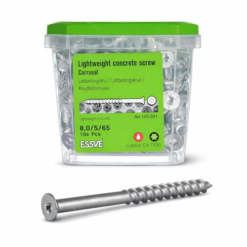 ESSVE betongskruvar 8,0 x 110 mm C4 (CorrSeal) – för lättbetong och gasbetong (Ytong, Siporex, Leca) – TX30 – härdat stål – utan förborrning – ESSBOX + system