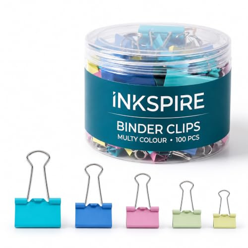Inkspire Binder Clips, 100 Pcs Assorted Sizes 15-19-25-32-41-51 mm, Metal Foldback & Bulldog Clips Clamps for Home, Calendars, Office and Stationary Supplies (Multy Colour)