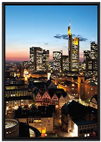 Pixxprint Frankfurt Skyline Leinwandbild 100x70 cm im Bilderahmen, Wandbild, Schattenfugenrahmen, Kein Poster