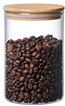 MOLFUJ 960 ML / 32 FL Oz Glass Storage Container with Wood Lid, Stackable Clear Decorative Organizer Bottle Canister Pantry Jar with Air Tight Wooden Lid for Food, Coffee, Candy, Sugar, Salt, Tea