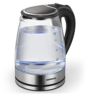 Daewoo DSWK30AT Glas Wasserkocher – Großer Wasserkocher – Schnellkochendes Wasser – 1,8 Liter – 1500 Watt – Blaue LED Beleuchtung – Edelstahlgehäuse – Automatische Abschaltung
