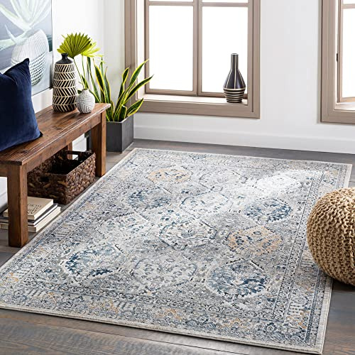 Livabliss Mayfair Vintage groß - Orientalischer Wohnzimmer 200x275 cm, Esszimmer, Schlafzimmer - Boho Kurzflor e für einfache Pflege - Grau und Blau