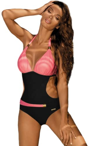 JFAN Mujer Traje de Una Pieza V-Cuello Top Halter Bikini Push Up Ropa de Baño Bloque de Color Retro Corte Alto Monokini Negro M
