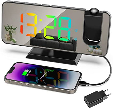 Exmate Sveglia con Proiettore, Schermo a LED a Specchio da 7.5, RGB dinamico, 5 Luminosità, Doppio Allarme con Porta USB, Sveglia Digitale con Proiettore ultra trasparente (Nero con Adattatore)