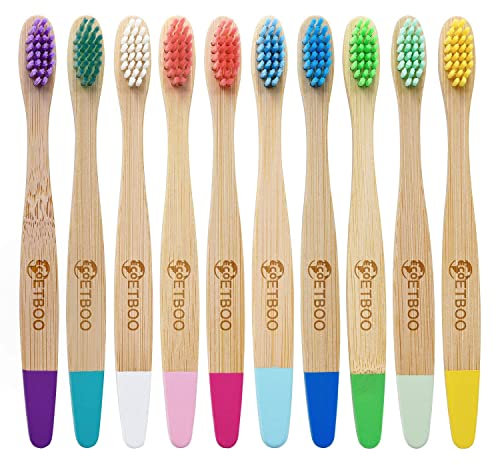 Kinder-Zahnbürsten aus Bambus, bunt, weiche Borsten, umweltfreundlich, biologisch abbaubar, wasserdicht, Holzgriff, 10 Stück