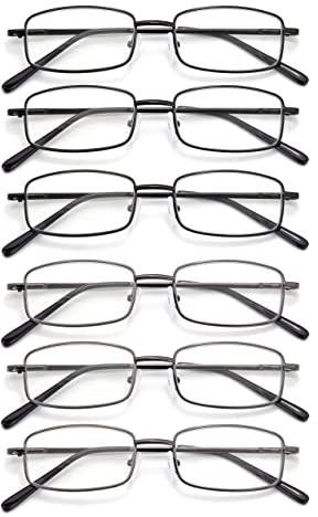 Autojouls 6-Pack Metal Reading Glasses Blue Light Blocking Spring Hinge Readers Lightweight Sturdy Comfortable, 3 Black 3 Gunmetal 2.0 x