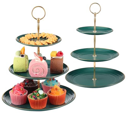 TsunNee Paquete de 2 soportes para tartas de 3 niveles, platos de postre, pasteles, frutas, galletas, caramelos, bandeja de servir escalonada, bandeja de servir para Navidad, boda, cumpleaños, fiesta