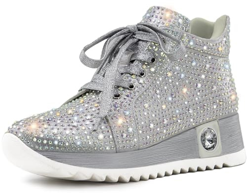 FINDVELL Women's Fashion Glitter Sneakers Platform Wedge Shoes Sparkly Rhinestone High Top Sneakers Trendy Sequin Shoes Wedding Bride Dress Size 10 Silver