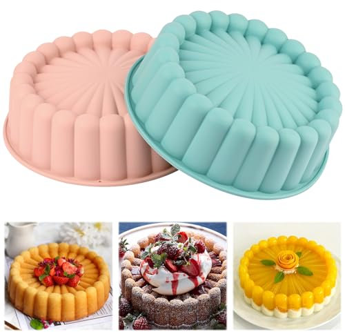 HUAKENER 2 Pcs Charlotte Cake Pan, 8 Inch Round Cake Pan, Nonstick Silicone Cake Molds for Cheese Cake, Chocolate Cake, Rainbow Cakes, Strawberry Shortcake, Brownie Tart Pie, Bule and Pink